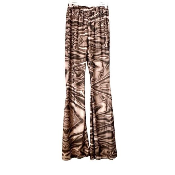 Acoa Abstract Wavy Print Pull On Brown Flared Pants Small - Picture 1 of 3